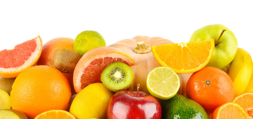 Set of fruits isolated on a white. Wide photo.
