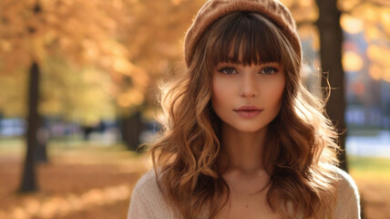 Naklejka premium Portrait of gorgeous young woman in park during autumn day