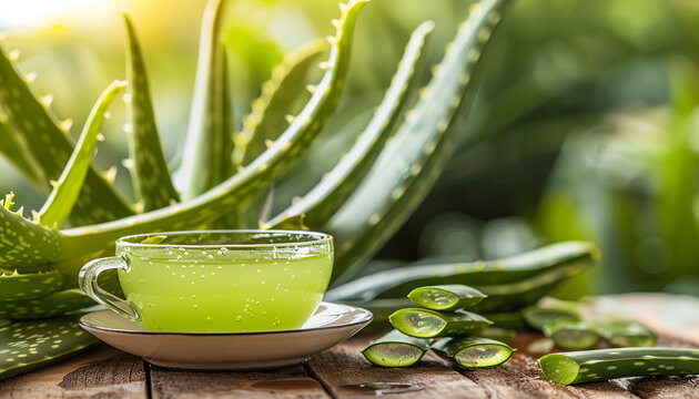A cup of green aloe vera juice on a table with lots of Aloe Barbadensis leaves -Forever Living