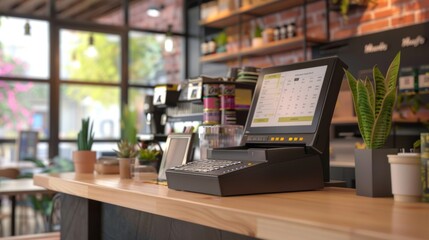 Up-to-date cash register or ordering machine with screen on a table or bar in a store