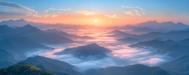 Fototapeta premium Breathtaking sunrise over misty mountain range, capturing the serene beauty of nature in soft pastel colors and atmospheric depth.