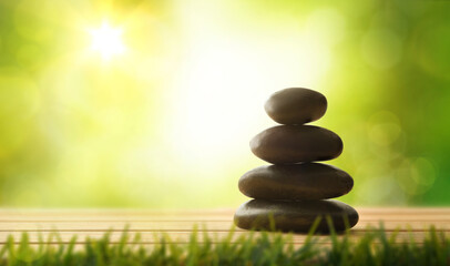 Health and body care with stones on wooden and nature