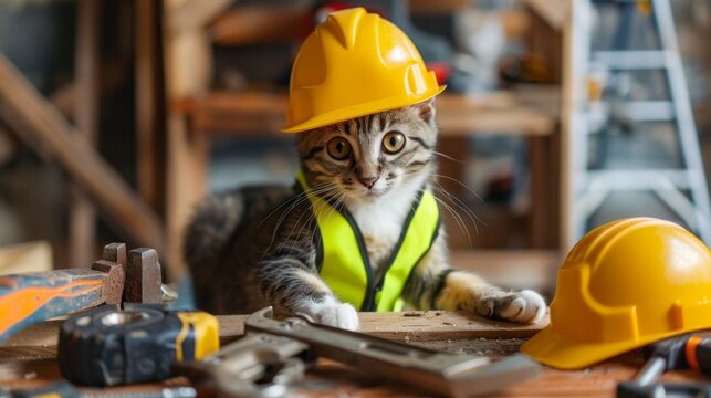 A cat wearing a yellow hard hat and a reflective vest, posing as a construction worker