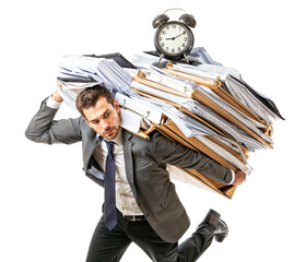 Time Crunch: Businessman Racing Against the Clock with a Mountain of Paperwork