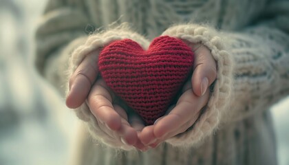 hands holding a knitted red heart symbol