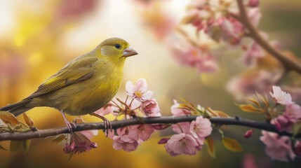 Green Finch Perched on a Branch of Pink Blossoms