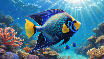 Naklejka premium Blue Angelfish Swimming in Coral Reef