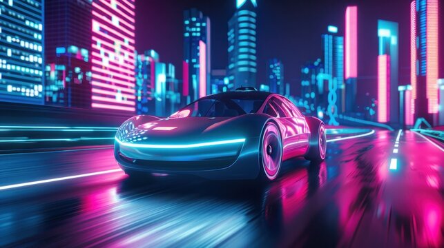 A sleek, self-driving car gliding effortlessly through a neon-lit metropolis, its occupants enjoying a virtual reality experience.