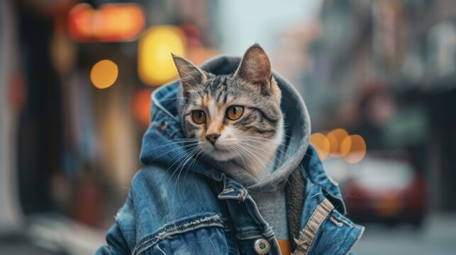 A cat in a trendy, casual denim jacket, strolling through the city