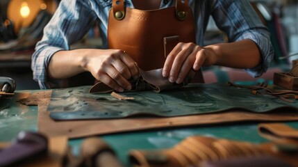 Closeup of a leatherworker's hands carefully working on a piece of leather.