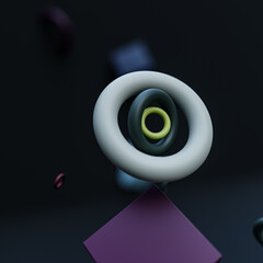 Close-up of 3D Rings and Shapes: Dark Abstract Geometric Art