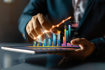 Hand of Businessman Touching Tablet with Business Analytics, Data Visualization, and Financial Growth Charts for Strategic Planning and Forecasting.