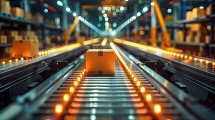 A close-up view of a conveyor belt transporting packages in a modern warehouse, showcasing logistics and automation.