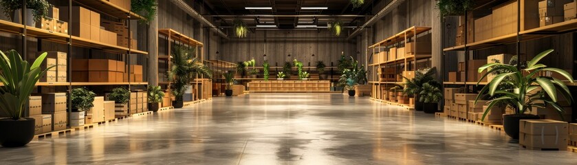 A spacious warehouse interior featuring wooden shelves, packed boxes, and vibrant plants, creating an inviting industrial atmosphere.