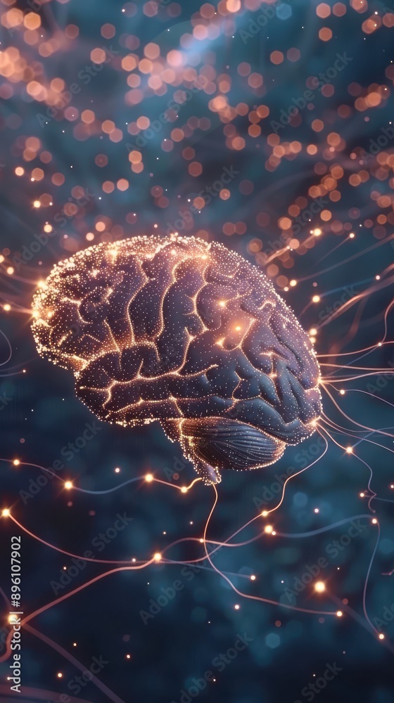 Poster Human brain transforming into a network of connections, neural networks concept, brain connectivity 