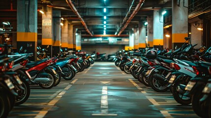 Obraz premium Parked motorcycles in a dimly lit underground parking garage, showcasing urban transportation and modern design.