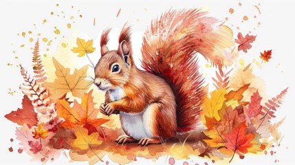 A cute squirrel sits amidst a bed of colorful autumn leaves, holding a leaf in its paw.