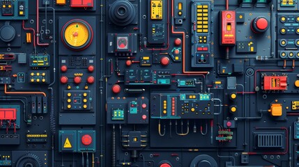 Obraz premium Abstract digital control panel with colorful buttons and switches.