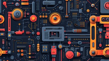 Fototapeta premium Abstract digital illustration of a complex machinery with intricate gears, wires, and buttons.