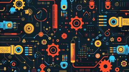 Obraz premium Abstract digital illustration with colorful gears, circuits, and geometric shapes on a dark background.