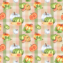 Seamless pattern with white, orange and green pumpkins, butternut squash and green leaves on plaid background. Fall pattern for kitchen textile, wrapping paper. Hand-drawn watercolor illustrations.
