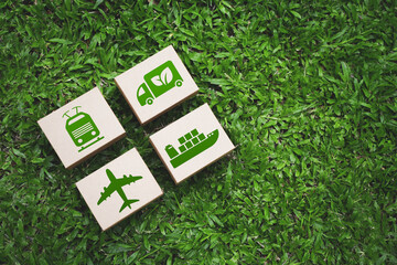 Green logistics or sustainable transport Sustainable global transportation Transportation or travel by boat, car, train, airplane, truck with clean and environmentally friendly energy.