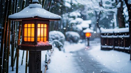 A traditional Japanese lantern casting a warm glow on a snow-covered path, leading through a serene bamboo forest