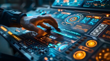 A person is working on a control panel with a lot of buttons. Concept of focus and concentration as the person is likely working on a complex task. The bright colors of the buttons