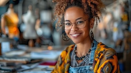 A young woman with curly hair and glasses, smiling confidently in a colorful workshop environment, surrounded by creative materials and tools, exuding focus and creativity.