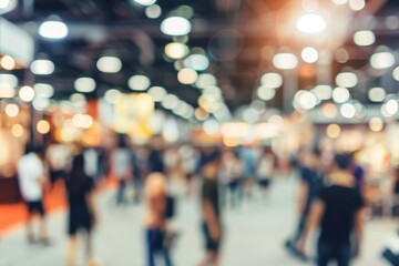 Obraz premium Blurred business people at trade fair in modern hall, professional photography shot