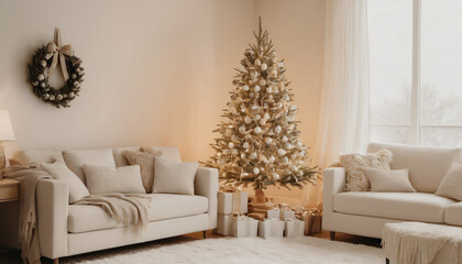 elegant living room with christmas tree and cozy space decoration