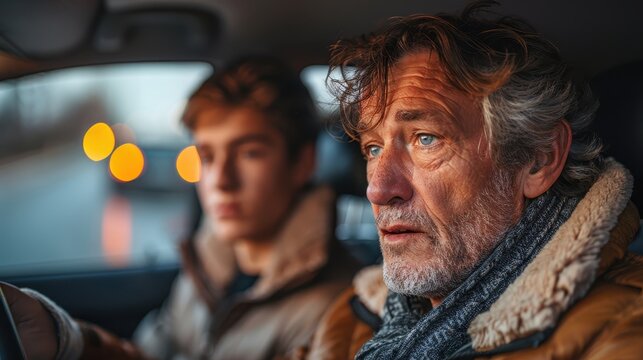 A close-up of a concerned father speaking to his son inside a car, with blurred lights in the background. It captures the essence of a serious discussion indoors.