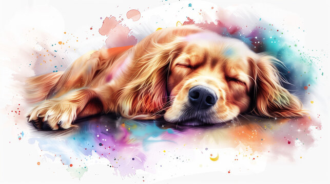 sleeping lab dog; cute watercolor gold labrador or golden retriver painting