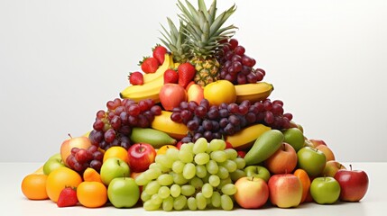 A vibrant array of fresh fruits, including apples, oranges, bananas, grapes, and berries, arranged in a pyramid shape on a clean white background.