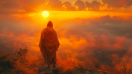 Wandering Monk at Sunrise on Mountain Peak: Serenity, Spiritual Journey, Tranquility, Morning Meditation in Nature, Peaceful Clouds and Warm Light