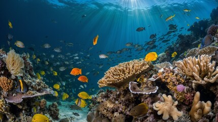 Vibrant Coral Reef with Colorful Marine Life Under Sunlit Waters