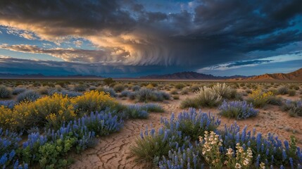 Obraz premium Desert Bloom with Yellow Wildflowers and Mountain View