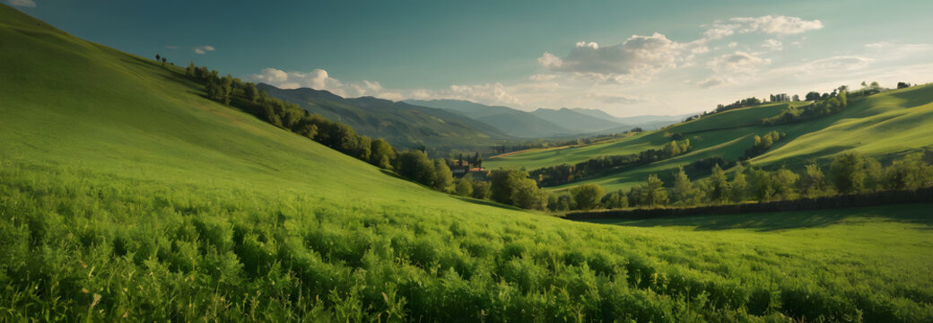 Lush green field with rolling hills and trees in the background. Generative Al