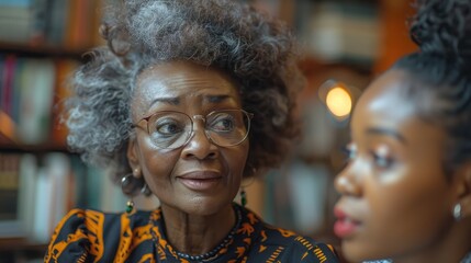 An older woman with glasses and graying hair engages in a thoughtful conversation, her wise and gentle demeanor evident against a warm and inviting background.