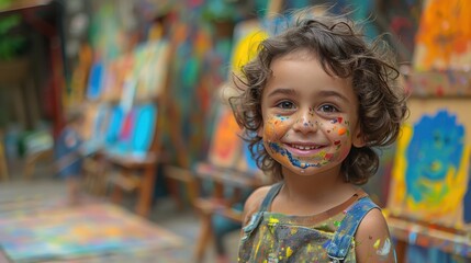 A young child with curly hair and a big smile stands in a colorful art workshop, with paint on their face wearing overalls covered in paint splashes.