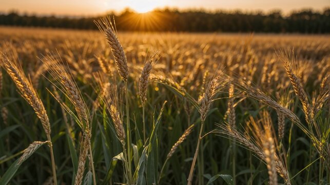 Golden Wheat Field at Sunset: Bountiful Harvest, Agricultural Landscape, Rural Tranquility, Nature's Beauty, Farming Serenity