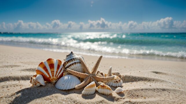 Seashells and Starfish on a Sunny Beach: Coastal Treasures, Ocean Breeze, Summer Vibes, Sandy Shore, Seaside Beauty