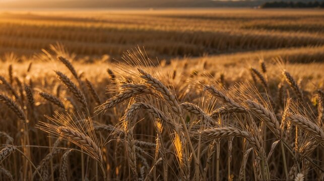 Golden Wheat Field at Sunset: Bountiful Harvest, Agricultural Landscape, Rural Tranquility, Nature's Beauty, Farming Serenity