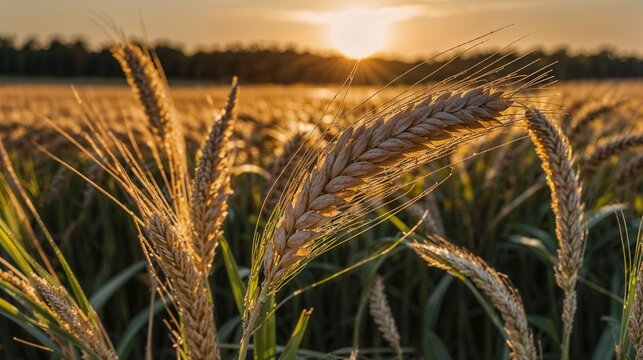 Golden Wheat Field at Sunset: Bountiful Harvest, Agricultural Landscape, Rural Tranquility, Nature's Beauty, Farming Serenity