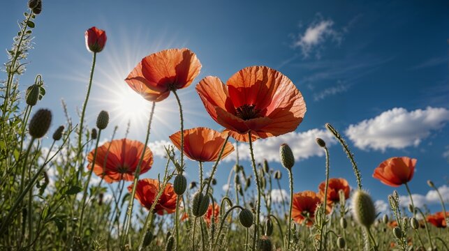 Vibrant Poppies: Blooming Flowers, Clear Blue Sky, Summer Meadow, Colorful Nature, Scenic Beauty