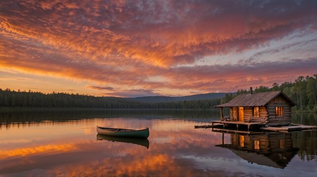 Serene Lakeside Sunset Cabin: Tranquil Reflections, Nature's Beauty, Peaceful Retreat, Vibrant Sky, Scenic Wilderness
