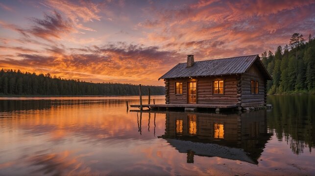 Serene Lakeside Sunset Cabin: Tranquil Reflections, Nature's Beauty, Peaceful Retreat, Vibrant Sky, Scenic Wilderness
