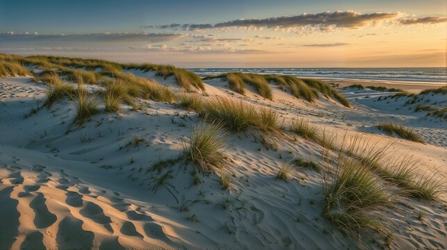 Golden Hour on Coastal Sand Dunes: Serene Seascape, Nature's Beauty, Sunset Beach, Tranquil Landscape, Scenic Horizon