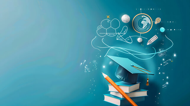 Graduation cap and books symbolize academic success and future