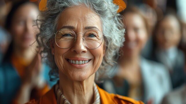 An elderly woman smiles while wearing glasses and attending a formal event, surrounded by people in the background, capturing a joyous and celebratory atmosphere.